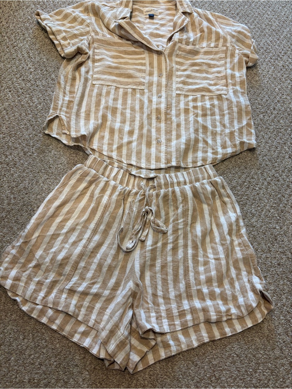 Striped Linen-Look Short Set in tan & White